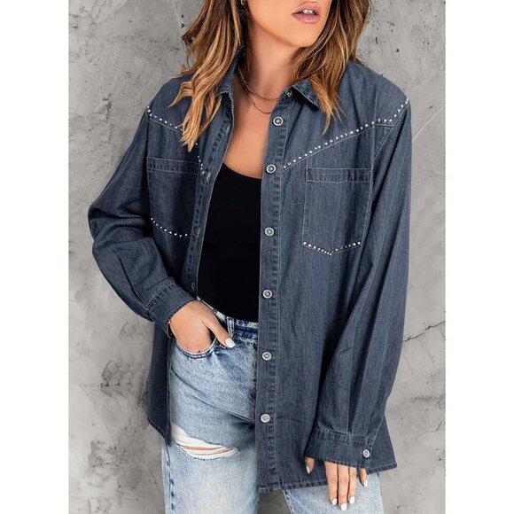 Women's Denim Shirt Long Sleeve Button Down V Neck Denim Jacket Ashleigh Blue - Picture 3 of 5